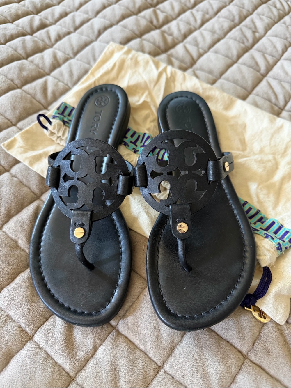 Tory Burch Black Leather Logo Thong Sandals with Gold Stud Accent